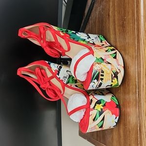 Womens 7 inch custom Hawaiian Wedge Heel Red Strap/Lace up platforms USw12 EU44